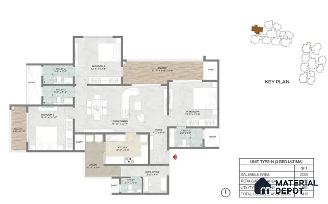 Modern 3BHK apartment floor plan with marble-look tiles, wood-look balcony flooring, and neutral palette in 3 BHK apartment Prestige Suncrest Electronic City Bengaluru