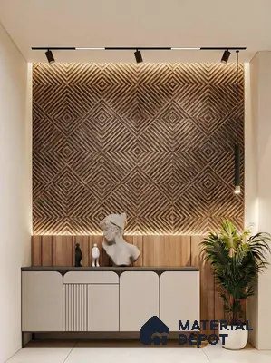 Modern foyer with geometric wooden wall panels and beige matte console in 3 BHK apartment Prestige Suncrest Electronic City Bengaluru