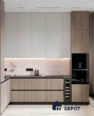 Minimalist kitchen with light wood laminate, frosty white laminate, and blush pink scallop backsplash tile in 3 BHK apartment Prestige Suncrest Electronic City Bengaluru