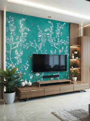 Modern TV unit with turquoise chinoiserie wallpaper, walnut wood laminate, and marble look floor tile in 3 BHK apartment Prestige Suncrest Electronic City Bengaluru