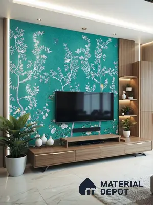 Modern TV unit with turquoise chinoiserie wallpaper, walnut wood laminate, and marble look floor tile in 3 BHK apartment Prestige Suncrest Electronic City Bengaluru
