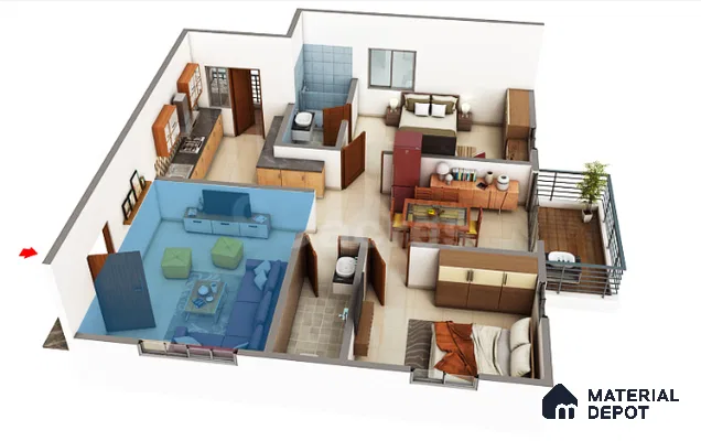 Modern living room with beige floor tiles, wooden TV unit, and blue sectional sofa