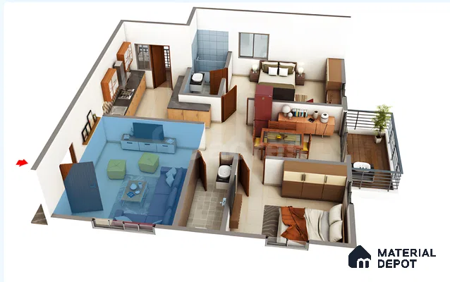 Modern living room with white laminate TV unit, glass center table, and beige floor tiles