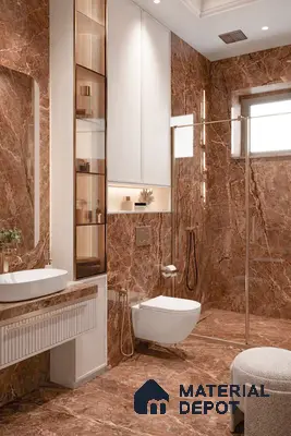 Modern bathroom with brown marble tiles and gold accents