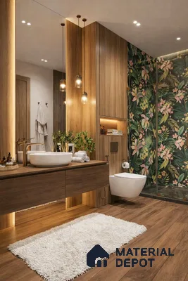 Modern bathroom with walnut wood laminate, floral tropical highlighter wall tile, and wood-look floor tile