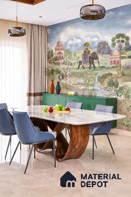Eclectic dining room with Indian mural wallpaper, marble tabletop, and green laminate sideboard