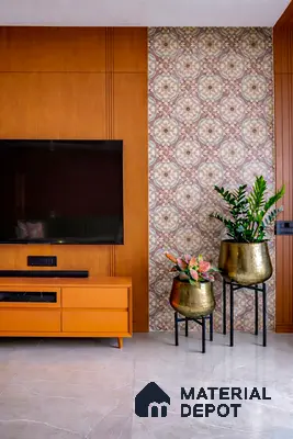 Mid-century modern living room with walnut wood laminate TV unit and patterned wallpaper accent wall