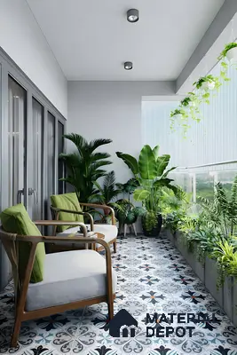 Modern balcony with patterned moroccan floor tiles and wooden accent chairs