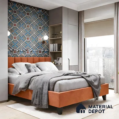 Modern bedroom with geometric patterned wallpaper, orange suede upholstered bed, and grey built-in wardrobe