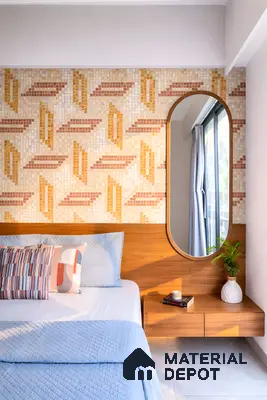 Mid-century modern bedroom with geometric mosaic tile accent wall and warm wood laminate headboard