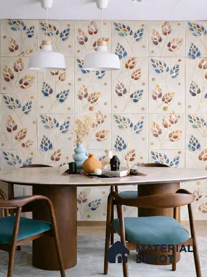 Mid-century modern dining room with floral patterned wall tiles and walnut wood dining set