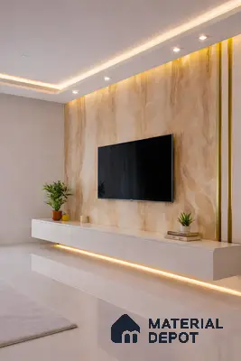Modern TV unit with beige marble laminate accent wall and white high gloss floating cabinet