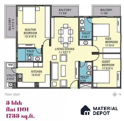 Modern 3BHK apartment floor plan with living, dining, kitchen, bedrooms, and balconies of 3 BHK apartment in Pristine Meadows Jakkur Bengaluru