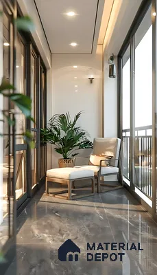 Modern balcony with grey marble floor tiles and minimalist lounge seating of 3 BHK apartment in Pristine Meadows Jakkur Bengaluru