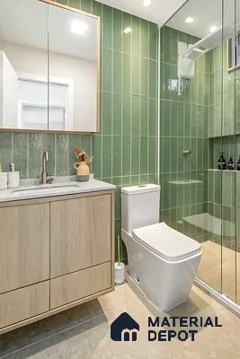 Modern bathroom with sage green vertical subway wall tiles and light wood vanity of 3 BHK apartment in Pristine Meadows Jakkur Bengaluru