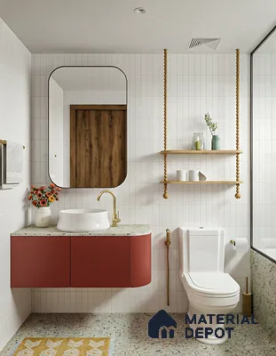 Scandinavian bathroom with white vertical subway wall tiles, terrazzo floor and countertop, and matte terracotta vanity of 3 BHK apartment in Pristine Meadows Jakkur Bengaluru