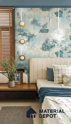 Scandinavian bedroom with blue nature wallpaper, beige upholstered headboard, and wooden blinds of 3 BHK apartment in Pristine Meadows Jakkur Bengaluru