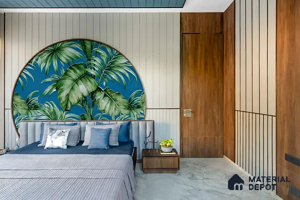 Modern bedroom with tropical wallpaper accent, vertical paneling, and walnut wood laminate of 3 BHK apartment in Pristine Meadows Jakkur Bengaluru