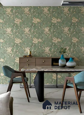 Modern dining room with green floral wallpaper, marble dining table, and wooden chairs of 3 BHK apartment in Pristine Meadows Jakkur Bengaluru