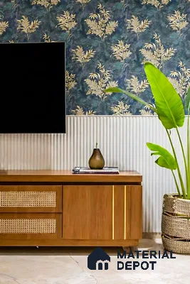 Mid-century modern TV unit with cane-front cabinet, floral wallpaper, and fluted white wall panels of 3 BHK apartment in Pristine Meadows Jakkur Bengaluru