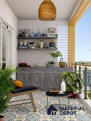 Scandinavian balcony with grey wood laminate cabinets and blue patterned moroccan floor tiles