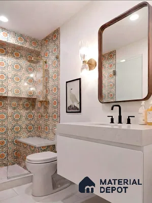 Eclectic bathroom with colorful moroccan patterned wall tiles and white quartz vanity countertop