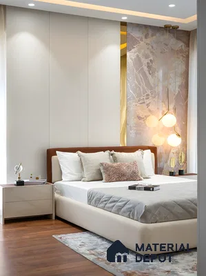 Modern bedroom with beige matte wall panels, marble-look accent wall, and wooden flooring