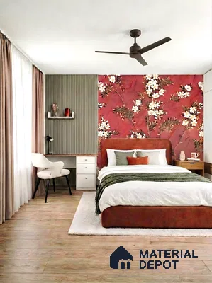 Modern bedroom with floral wallpaper accent, olive green fluted wall panels, and light oak wooden flooring