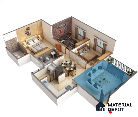 Modern Floor Plan with white sofa, marble look floor tile, and glass center table