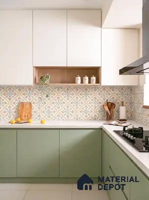 Modern kitchen with sage green laminate, white laminate, and patterned moroccan backsplash tiles