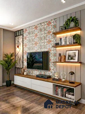 Eclectic living room with patterned wallpaper, wooden TV unit, and warm wood flooring