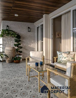 Mediterranean balcony with patterned floor tiles, wicker furniture, and wooden ceiling panels in Purva palm beach hennur 3 BHK apartment Bengaluru