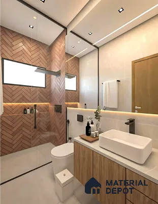 Modern bathroom with terracotta herringbone wall tiles and light wood vanity in Purva palm beach hennur 3 BHK apartment Bengaluru