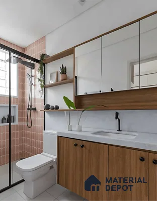 Scandinavian bathroom with terracotta scallop wall tiles, white countertop, and oak wood laminate vanity in Purva palm beach hennur 3 BHK apartment Bengaluru