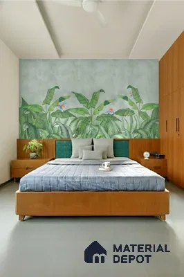 Modern bedroom with tropical wallpaper accent wall and teak wood wardrobe in Purva palm beach hennur 3 BHK apartment Bengaluru