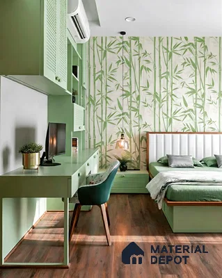 Scandinavian bedroom with sage green laminate, bamboo patterned wallpaper, and wooden flooring in Purva palm beach hennur 3 BHK apartment Bengaluru