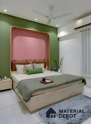 Modern bedroom with olive green accent wall, pink fluted panel headboard, and light wood laminate bed in Purva palm beach hennur 3 BHK apartment Bengaluru