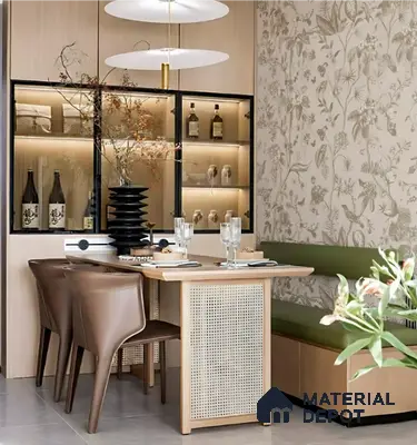 Scandinavian dining room with floral wallpaper, light oak laminate, and olive green bench upholstery in Purva palm beach hennur 3 BHK apartment Bengaluru
