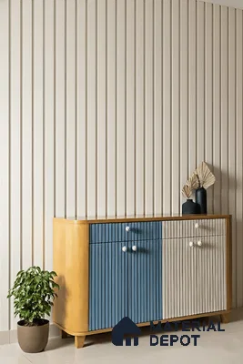 Scandinavian foyer with beige fluted wall panels and dual tone blue and beige fluted laminate console in Purva palm beach hennur 3 BHK apartment Bengaluru