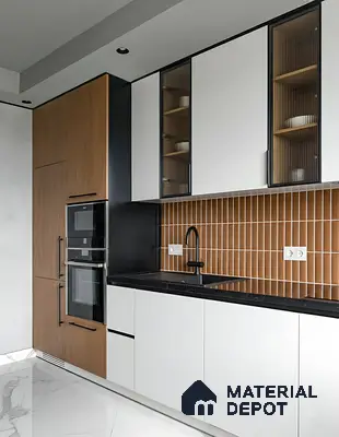Modern kitchen with white and wood laminate cabinets, black marble countertop, and brown vertical subway tile backsplash in Purva palm beach hennur 3 BHK apartment Bengaluru