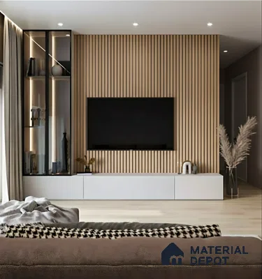 Modern living room with light oak fluted wall panels and matte white laminate TV unit in Purva palm beach hennur 3 BHK apartment Bengaluru