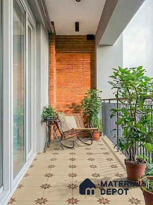 Eclectic balcony with patterned floor tiles and exposed brick wall