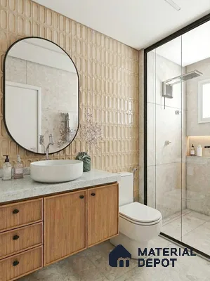 Modern bathroom with beige geometric wall tiles, light wood vanity, and marble-look floor tiles
