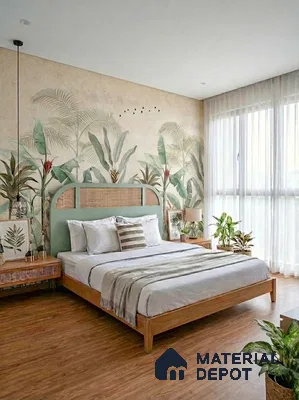 Scandinavian bedroom with tropical wallpaper, natural wood bed, and wooden flooring