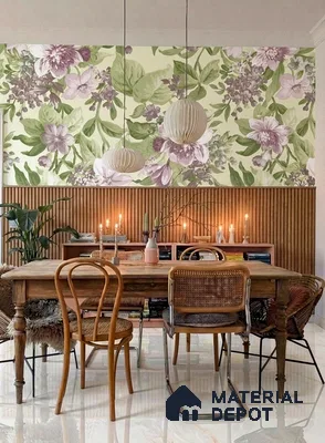 Eclectic dining room with floral wallpaper, wooden louver wall panels, and natural wood dining table