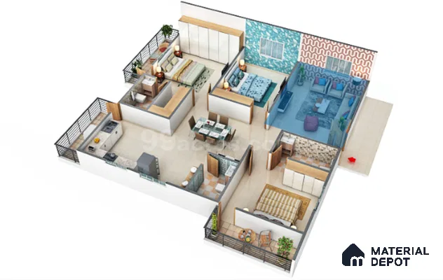 Modern living room with blue geometric wallpaper, pastel sofa, and beige floor tiles