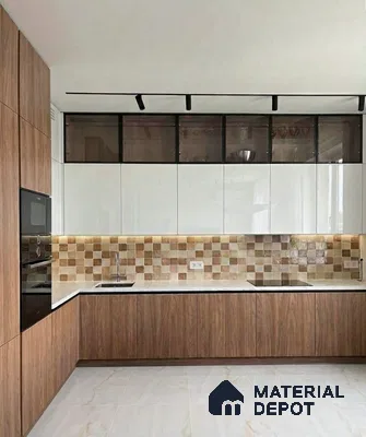 Modern kitchen with walnut wood laminate, frosty white laminate, beige checkered backsplash tiles, and white marble floor tiles