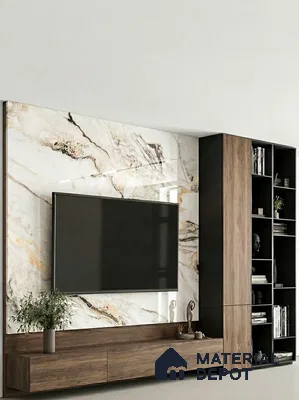 Modern TV unit with white marble-look laminate and walnut wood laminate cabinetry