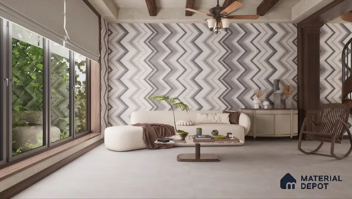 Rustic living room with chevron pattern wall | Material Depot