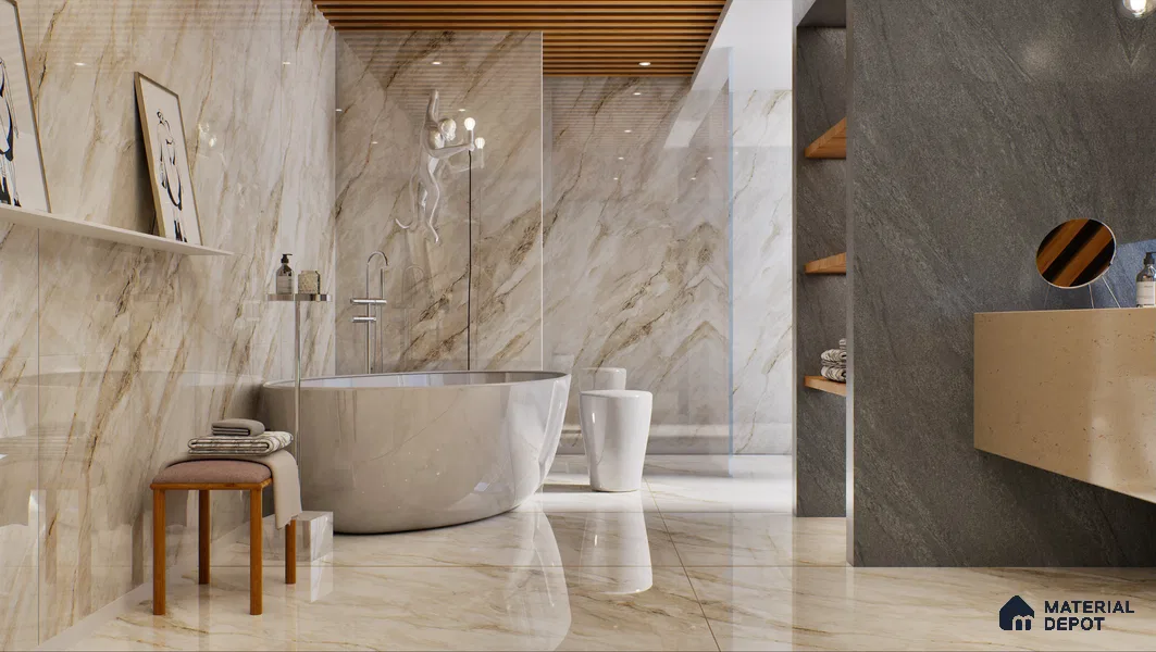 Marble Look Floor & Wall Tile TL 09445 | Glossy Finish 6 ft x 4 ft Vitrified Tile - 15 mm | Suitable For Kitchen, Bathroom, Bedroom & Office | Adhesive and Spacers Must be Used During Installation